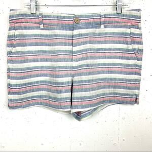 St. Tropez West Linen Stripe Shorts Blue Pink White Flat Front Pockets Size 10